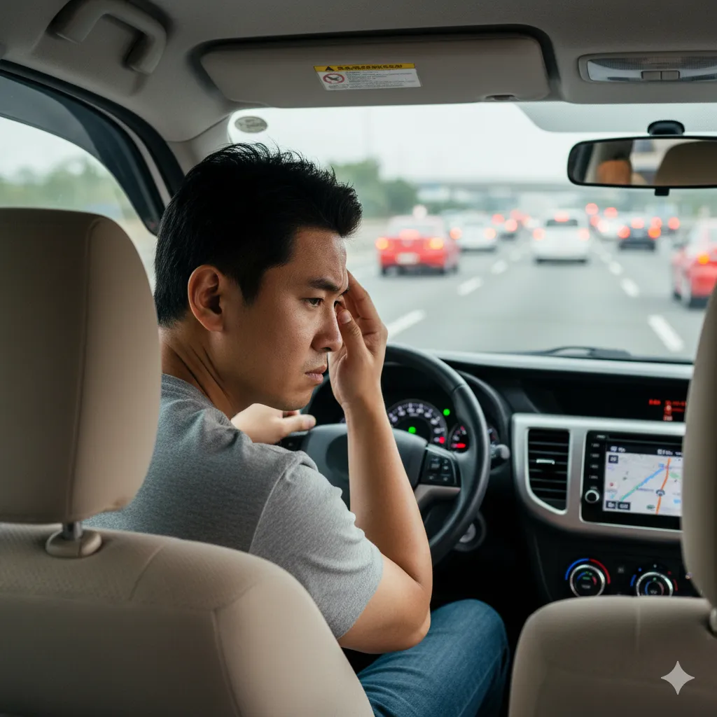 高速道路を運転中のアジア人男性ドライバーが、パワー不足か渋滞により、こめかみに手を当てて少し疲れた表情をしている様子。