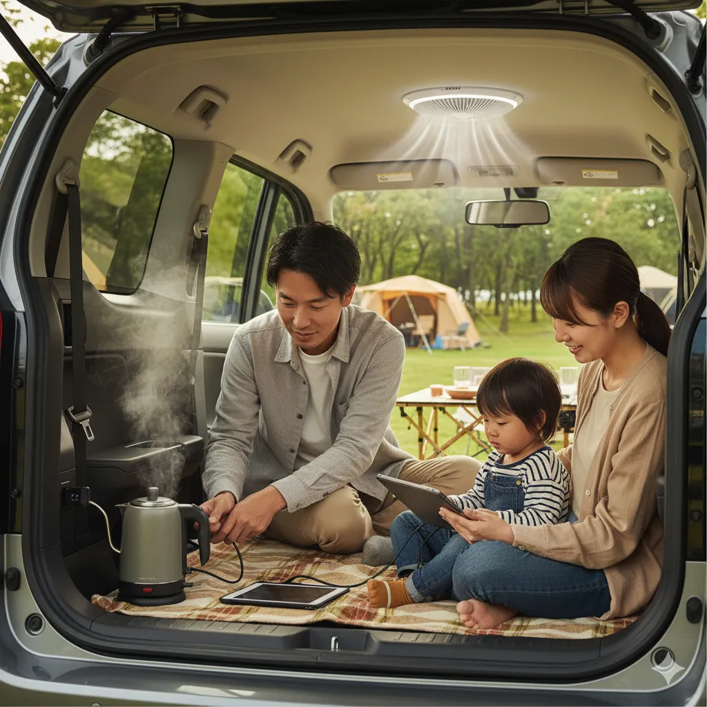 キャンプ場でシエンタのラゲッジスペースに座る日本人家族。父親がAC100Vコンセントで電気ケトルを使い、母親と子供がタブレットを見ている。天井にはサーキュレーターが見える。