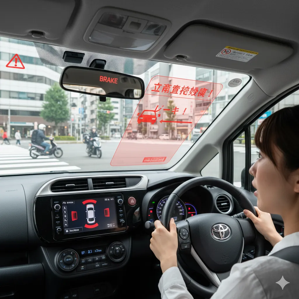 シエンタが交差点で危険を検知した瞬間の運転席からの視点。プリクラッシュセーフティ機能が作動しようとしています。