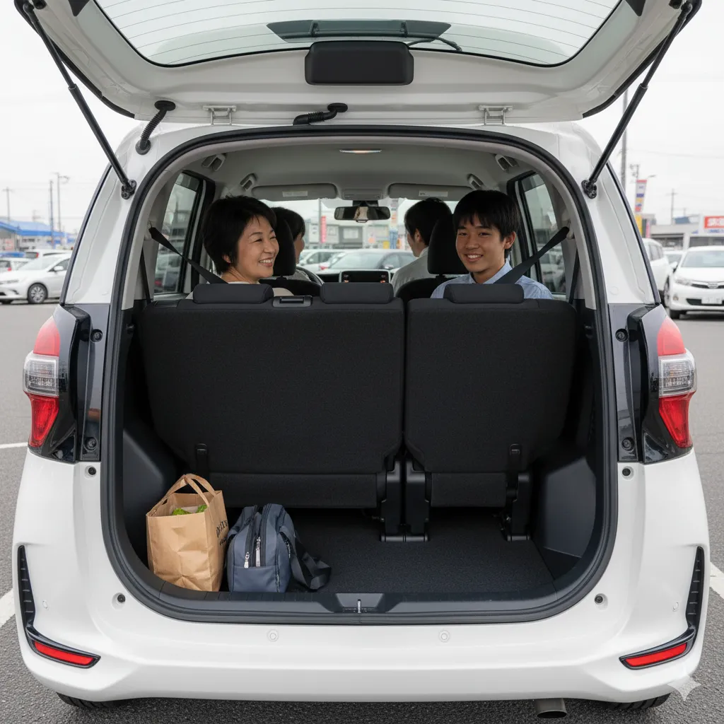 新型シエンタ7人乗りで、3列目シートが使用され、日本人家族がフル乗車している様子。荷室は非常に狭く、買い物袋が一つ置かれているのみ。