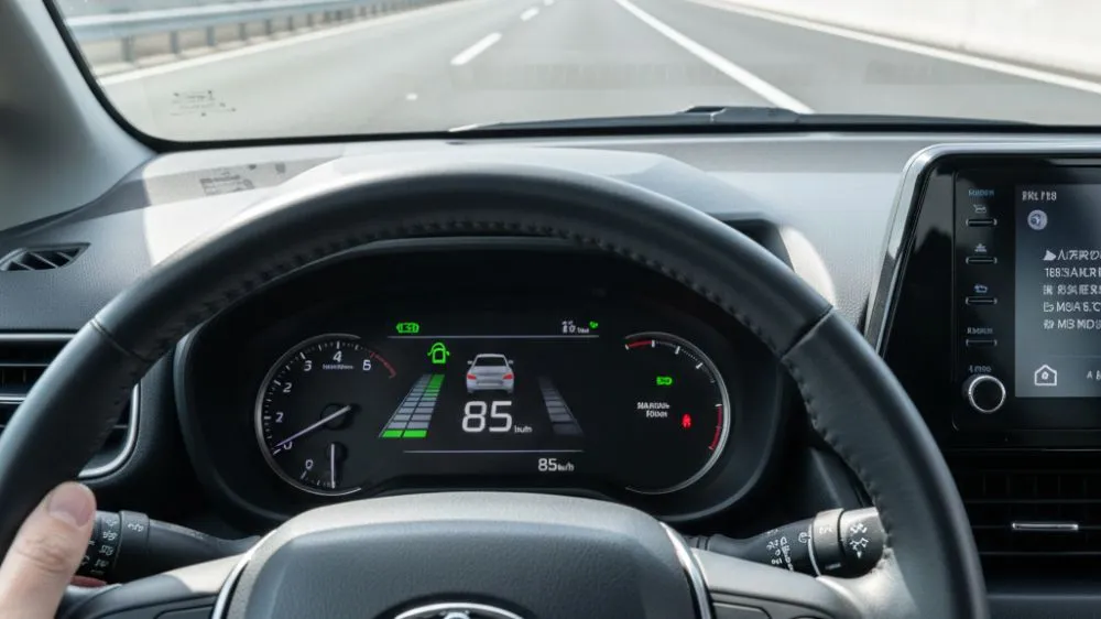 新型シエンタの運転席から見たデジタルメーターパネルと前方高速道路。レーダークルーズコントロールが作動し、車速85km/hで先行車を追従している様子。