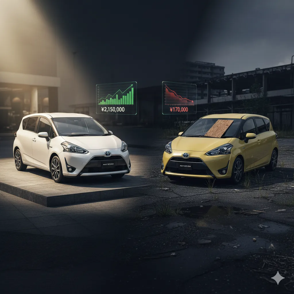 左右で対照的な2台のトヨタ・シエンタ。左はきれいに展示された白いシエンタで高額査定を、右は薄暗い場所に放置され傷んだ黄色いシエンタで低額査定をそれぞれ示すグラフが浮かんでいる。