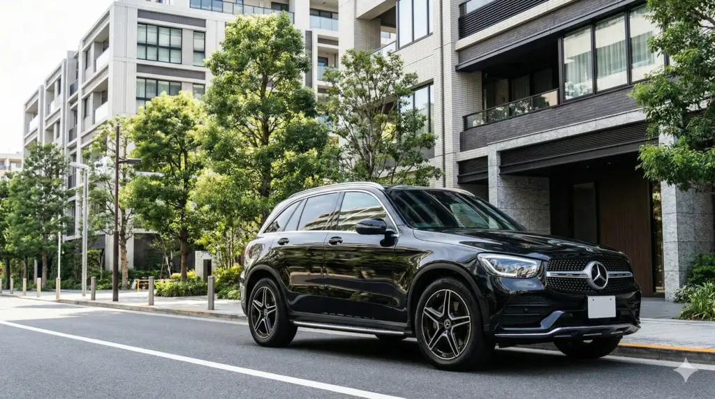 東京都内の高級マンションが立ち並ぶ閑静な住宅街の路上に駐車されている、黒色のメルセデス・ベンツSUV。