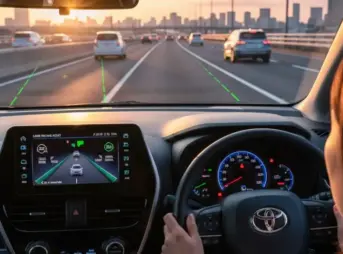 最新の運転支援機能が作動中のシエンタの運転席からの眺め。日本の高速道路を走行中。