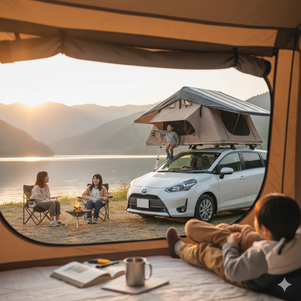 湖畔のキャンプサイトで、白いシエンタのルーフテントから顔を出し、朝日を眺める日本人親子。手早く設営が完了し、快適な寝床でリラックスしている様子。
