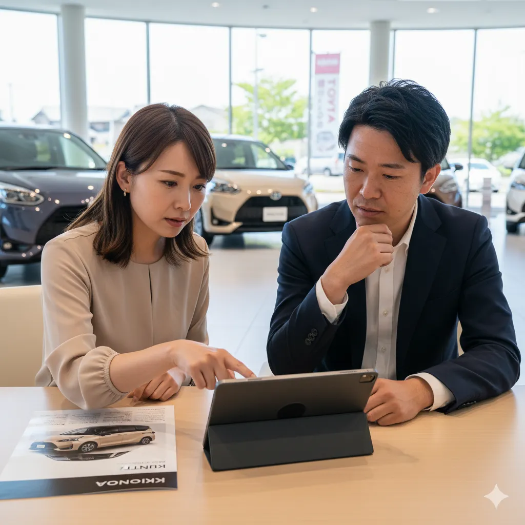 シエンタの最新納期について検討している日本人夫婦。ディーラーでカタログを見ながら考え込んでいる。