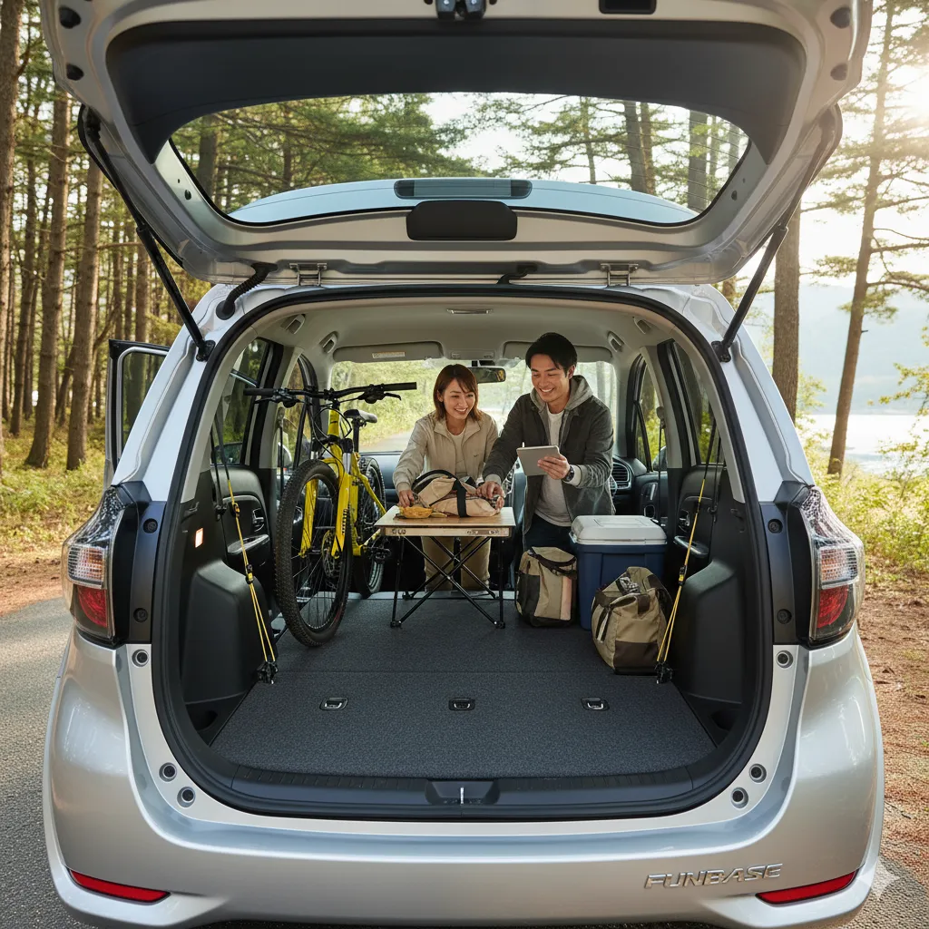 シエンタNSP170のファンベース(2列シート車)の広大なラゲッジスペースで、夫婦がアウトドア用品や自転車を積み込み、ピクニックを楽しんでいる様子。