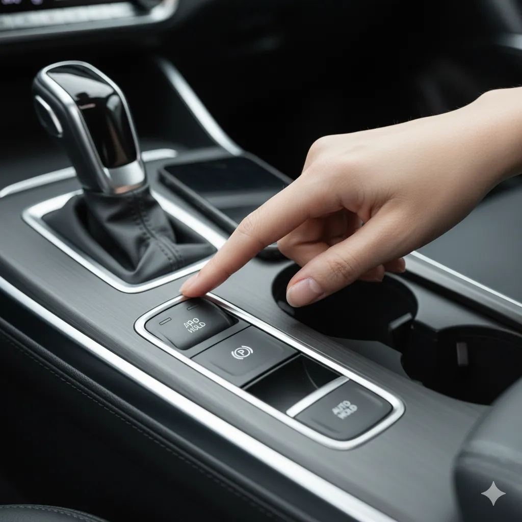 現代的な車のセンターコンソールにある電動パーキングブレーキとオートブレーキホールドのスイッチを、アジア人の指が操作しているクローズアップ。