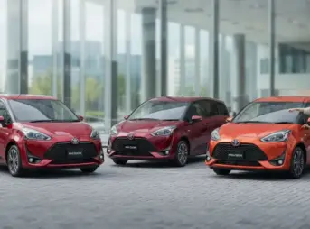 歴代の赤色シエンタ3台が並び、その前で日本の家族が車を眺めている様子。