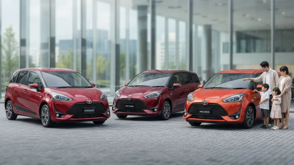 歴代の赤色シエンタ3台が並び、その前で日本の家族が車を眺めている様子。