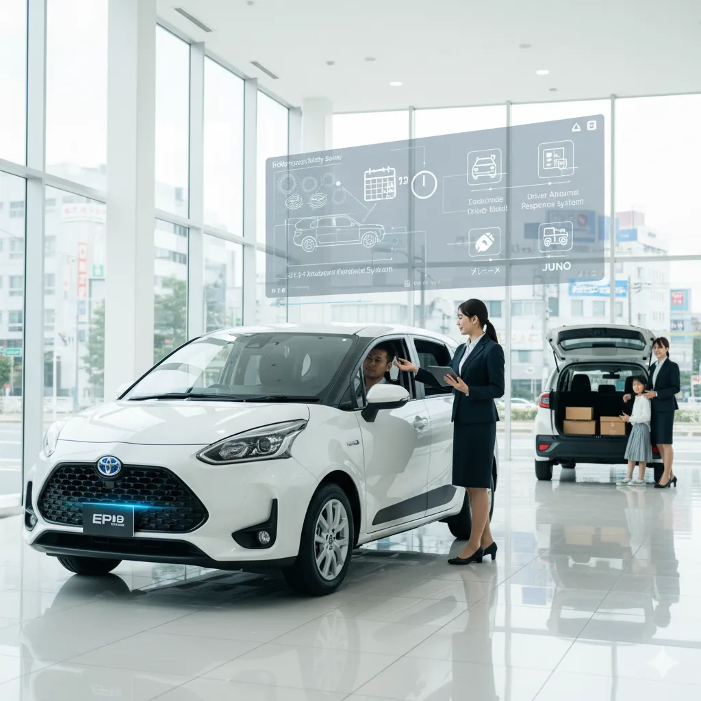 トヨタ シエンタの電動パーキングブレーキ、オートブレーキホールド機能、Toyota Safety Senseの進化、新グレードJUNOの追加など、2025年8月改良のポイントをディーラーで説明する営業担当者と客。