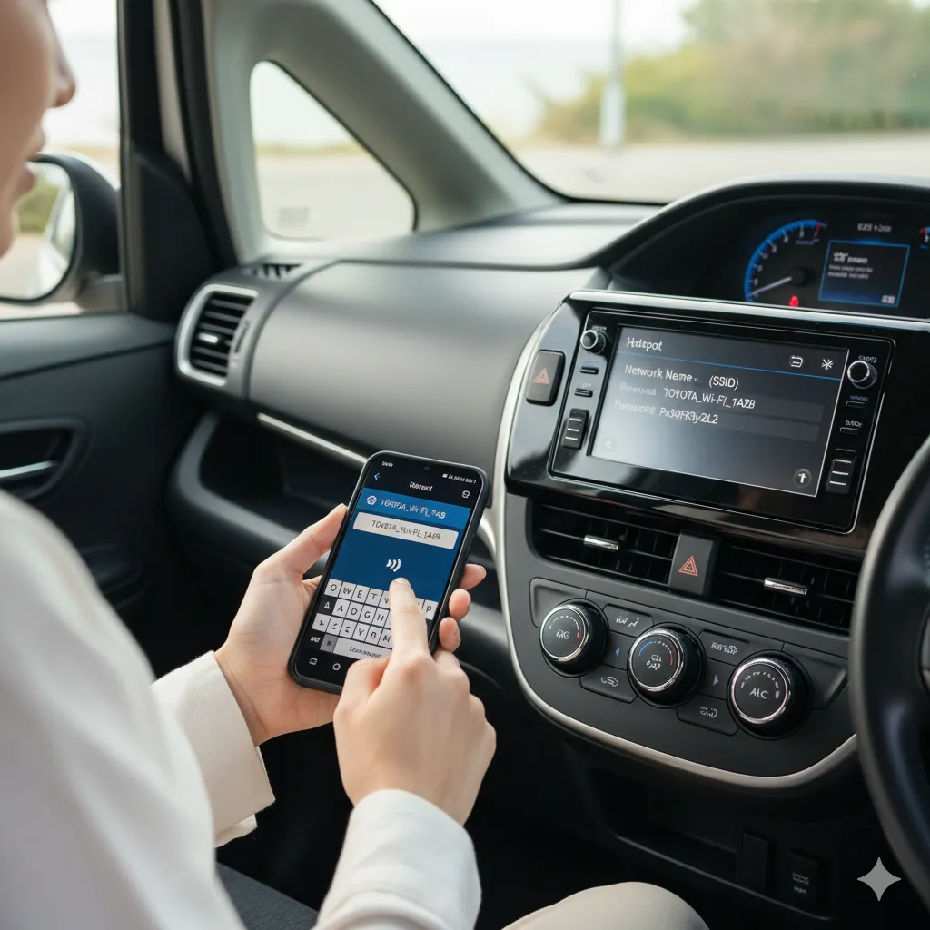 シエンタの助手席に座る女性が、スマートフォンのWi-Fi設定画面で、ディスプレイオーディオに表示されているシエンタのWi-Fi（SSIDとパスワード）を入力している。