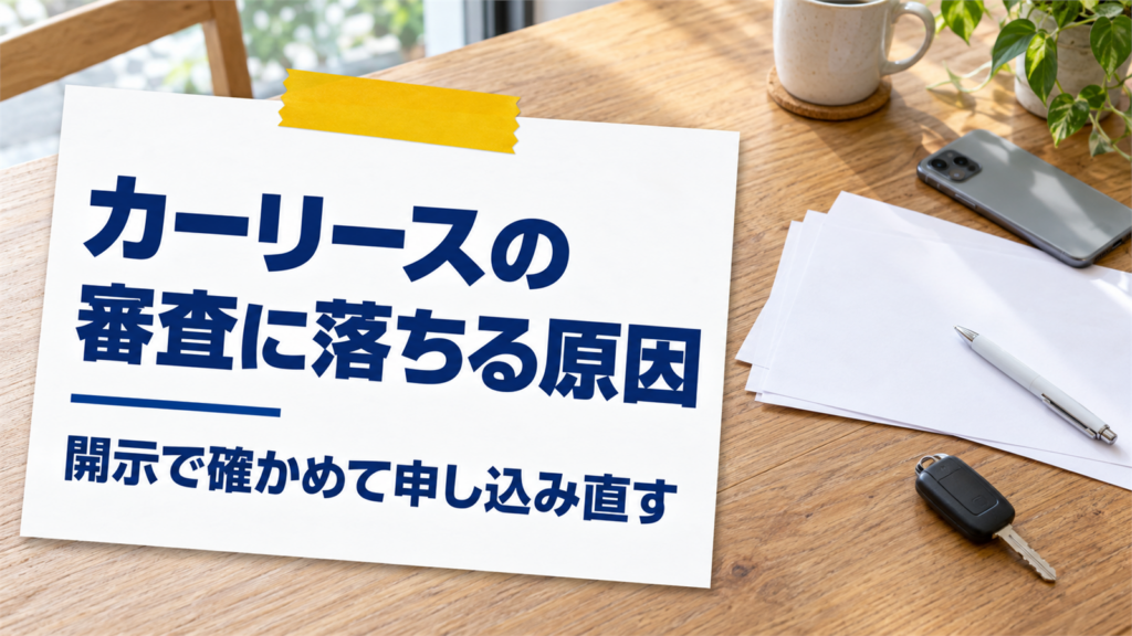 テーブルの書類と車の鍵の横に貼られた、審査に落ちる原因を書いたメモ