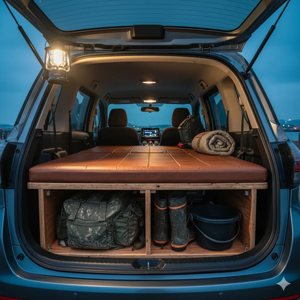 シエンタの荷室に設置された車種専用のベッドキット。ベッド下の収納スペースには釣り道具が整理されており、上部には快適なマットレスが敷かれている。