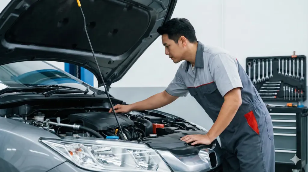 清潔な設備の整った自動車整備工場で、プロの日本人整備士が新車のエンジンルームを真剣な表情で点検している様子。メンテナンス込みプランの安心感を表現。