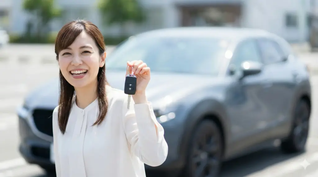 カーリースの審査を通過し、新しい車の前で嬉しそうに鍵を見せる日本人女性