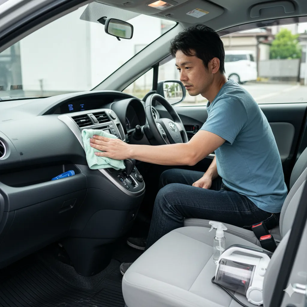 買取査定の価格を上げるため、シエンタのダッシュボードや内装をタオルで丁寧に清掃している日本人オーナー。