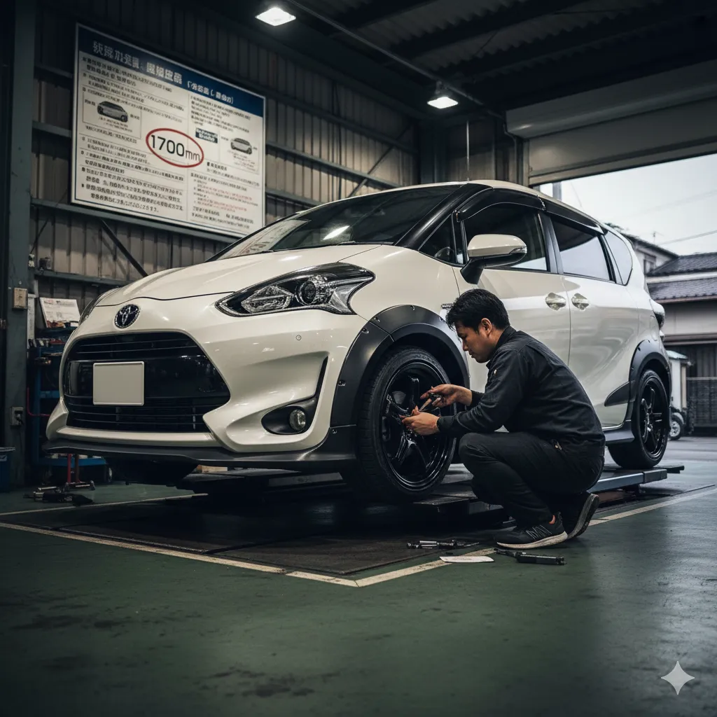 整備工場で、オーバーフェンダー付きの白いトヨタ シエンタのタイヤ周りをチェックする日本人整備士。後ろの壁には車検の基準に関する掲示が見える。