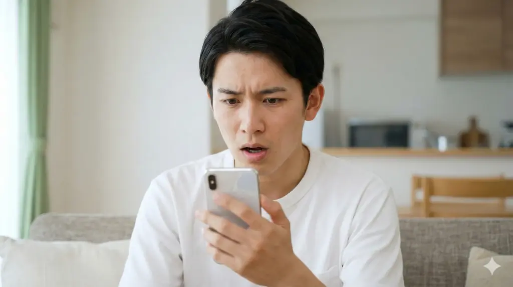 スマートフォンの画面を見て、携帯料金の支払い忘れや滞納に気づき、焦った表情を浮かべる日本人男性