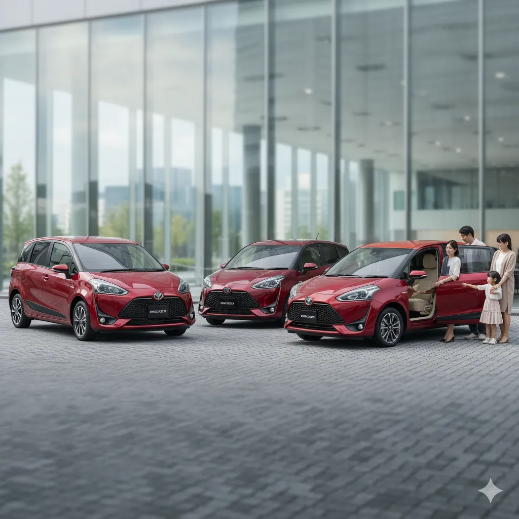 センシュアルレッドマイカ(3T3)のシエンタの隣で、上質感を表現する日本の女性と子供が車に乗り込もうとしている様子。