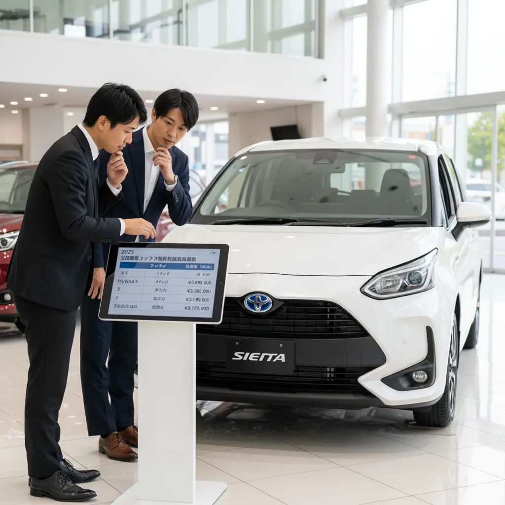 ディーラーで登録済未使用のトヨタ シエンタの価格表を見ながら検討する男性客と営業担当者。ディスプレイには2025年式シエンタのグレード、パワートレイン、走行距離、支払総額が記載されている。