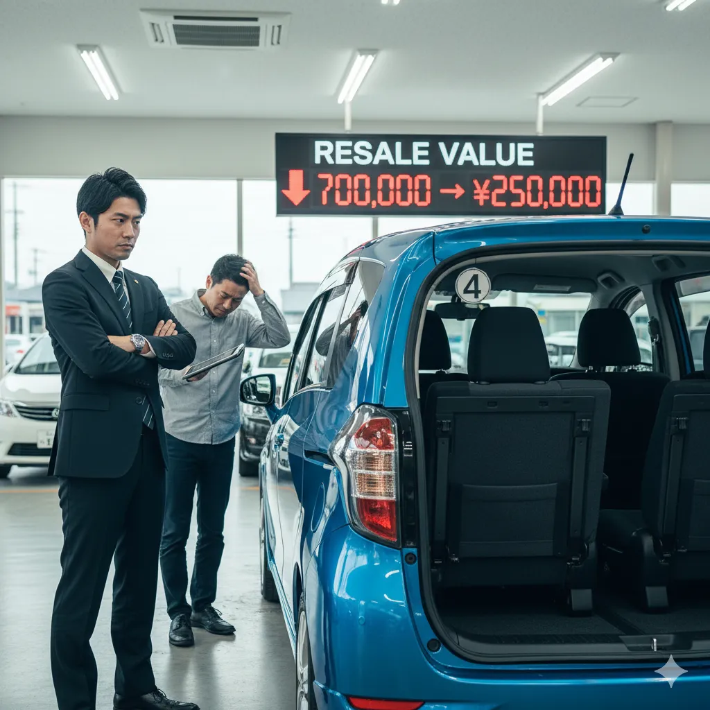 シエンタの中古車査定で、厳しい表情で車両をチェックする査定士。リセールバリューの下落を示唆。