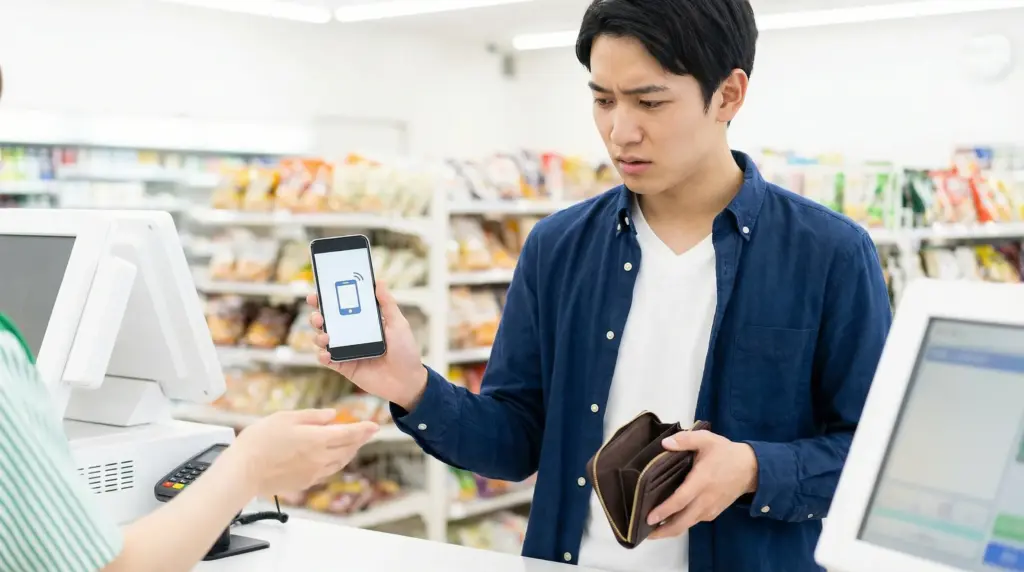 コンビニエンスストアでスマートフォンの料金支払いができずに困っている若い日本人男性。