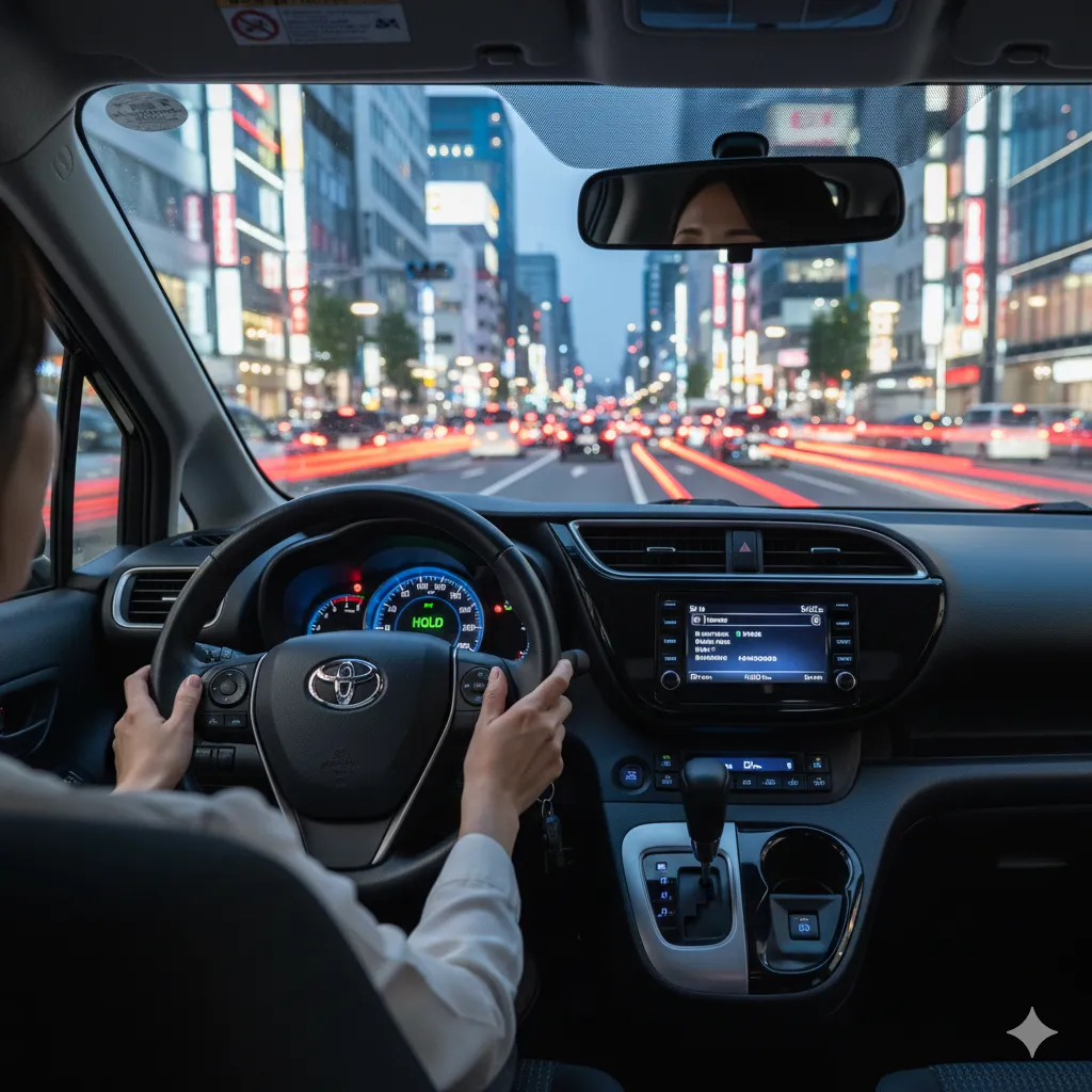 夜の市街地の渋滞でブレーキホールド機能を使用し、快適に運転する新型シエンタのドライバー。