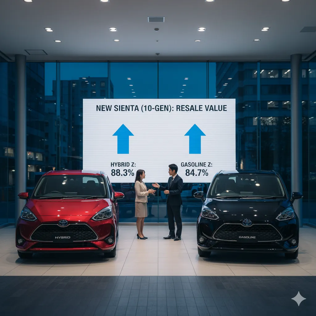 自動車ショールームで、赤色のハイブリッド車と黒色のガソリン車の新型トヨタ・シエンタ（10系）が向かい合って展示され、その後ろの大型スクリーンには、それぞれの残価率を示す比較グラフが映し出されている。