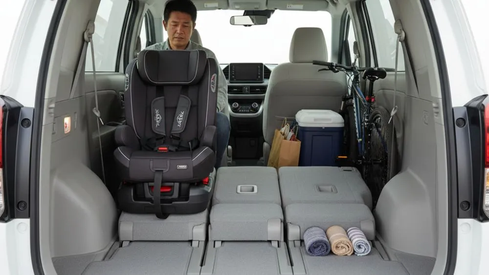 大人の日本人男性がシエンタの3列目シートに座り、足元のスペースが狭く窮屈そうに膝を曲げている様子。