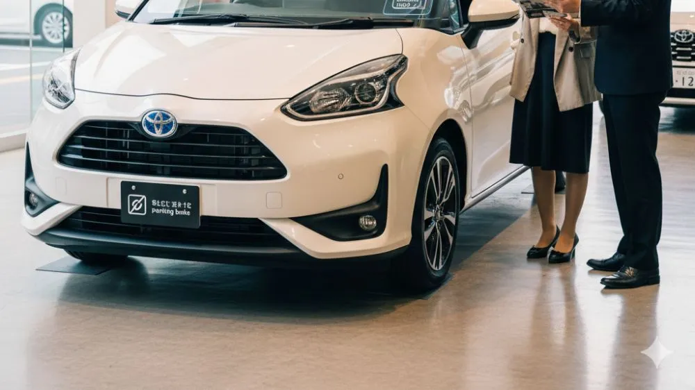 ディーラーでトヨタ シエンタの受注停止と納期未定について説明を受け、困惑する日本人女性客と営業担当者の様子。