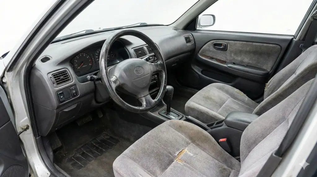 シートが擦り切れ、ハンドルが使い込まれた様子がわかる、走行距離の多い中古車の運転席と助手席の内装写真。