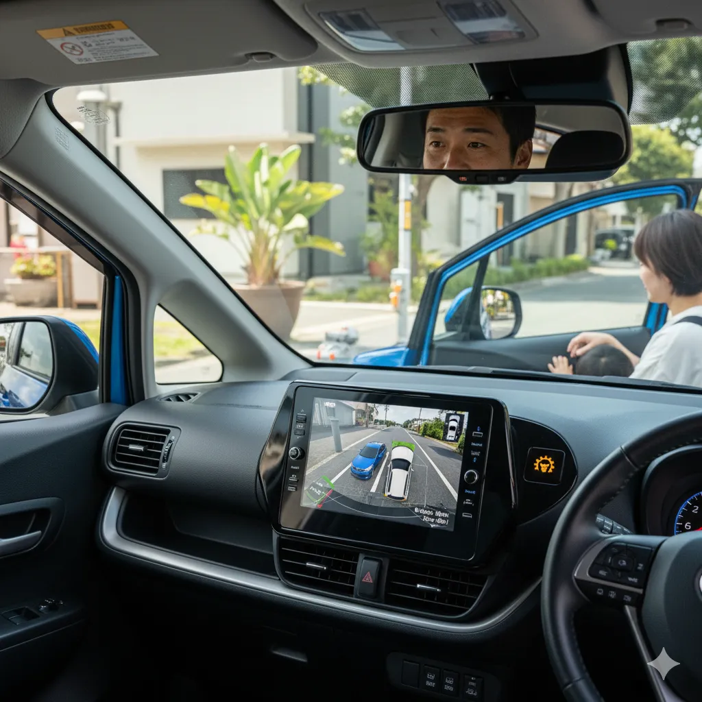 シエンタの車内から見た安全装備の様子。カーナビ画面にはパノラミックビューモニターが表示され、運転席のミラーにはブラインドスポットモニターの警告ランプが点灯している。助手席のドアが開いており、後方から自転車が接近している。