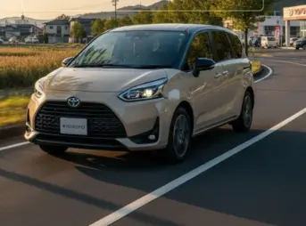 最新の納期情報が解説されている記事のアイキャッチ画像。日本の郊外を走行する新型シエンタ。