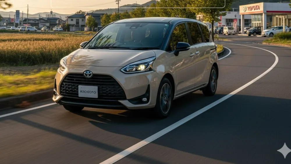 最新の納期情報が解説されている記事のアイキャッチ画像。日本の郊外を走行する新型シエンタ。