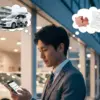 スマートフォンを操作しながらカーリースのメリットとデメリットについて考えている様子の日本人男性。車のショールームを背景に、頭の中では新しい車と家族、そして契約書や金銭的な不安が浮かび上がっている。