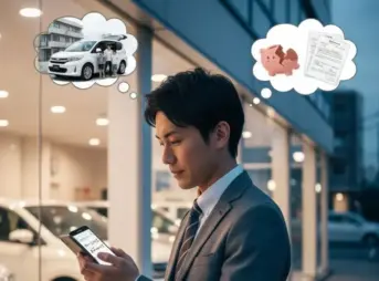 スマートフォンを操作しながらカーリースのメリットとデメリットについて考えている様子の日本人男性。車のショールームを背景に、頭の中では新しい車と家族、そして契約書や金銭的な不安が浮かび上がっている。