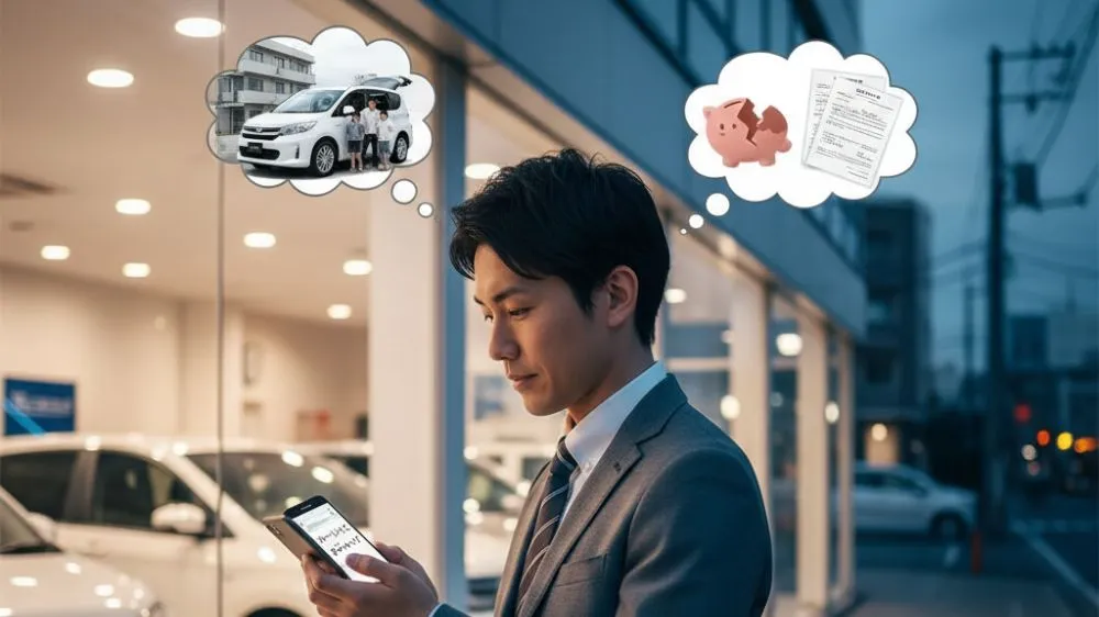 スマートフォンを操作しながらカーリースのメリットとデメリットについて考えている様子の日本人男性。車のショールームを背景に、頭の中では新しい車と家族、そして契約書や金銭的な不安が浮かび上がっている。
