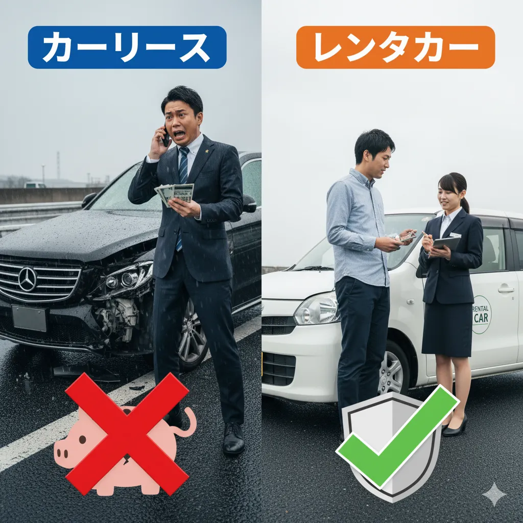 事故を起こして高額な費用に困惑するカーリース利用の日本人男性と、保険適用で対応がスムーズなレンタカー利用の日本人男性を対比。