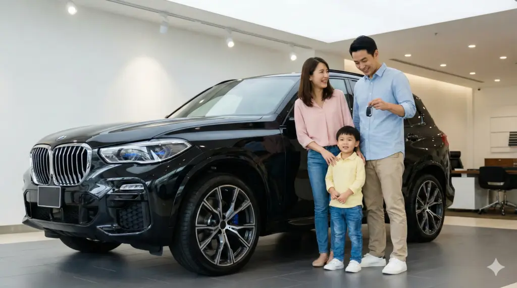 明るく洗練されたカーショールームで、新車の高級輸入SUV（BMW）の前で嬉しそうに車の鍵を受け取る日本人家族の様子。