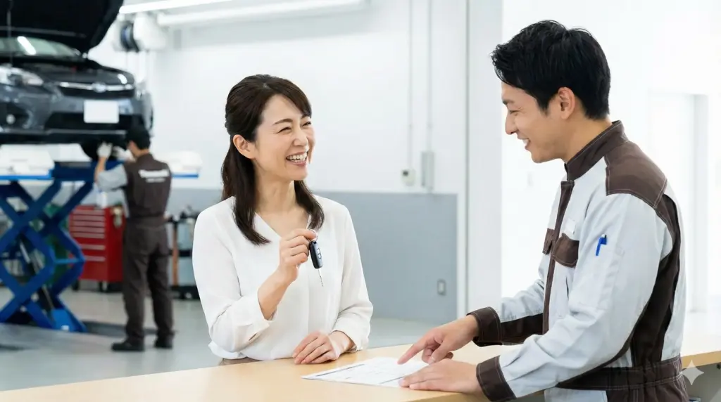 明るい自動車整備工場のカウンターで、車の鍵を持った日本人女性が笑顔で整備士の男性と話している様子。背景にはリフトアップされた車と作業中のメカニックが見える。