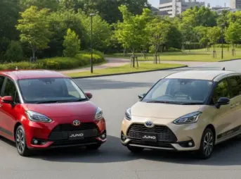 晴れた日の公園のような場所で、赤とベージュの2台のトヨタ シエンタ JUNOが並んで駐車されている。