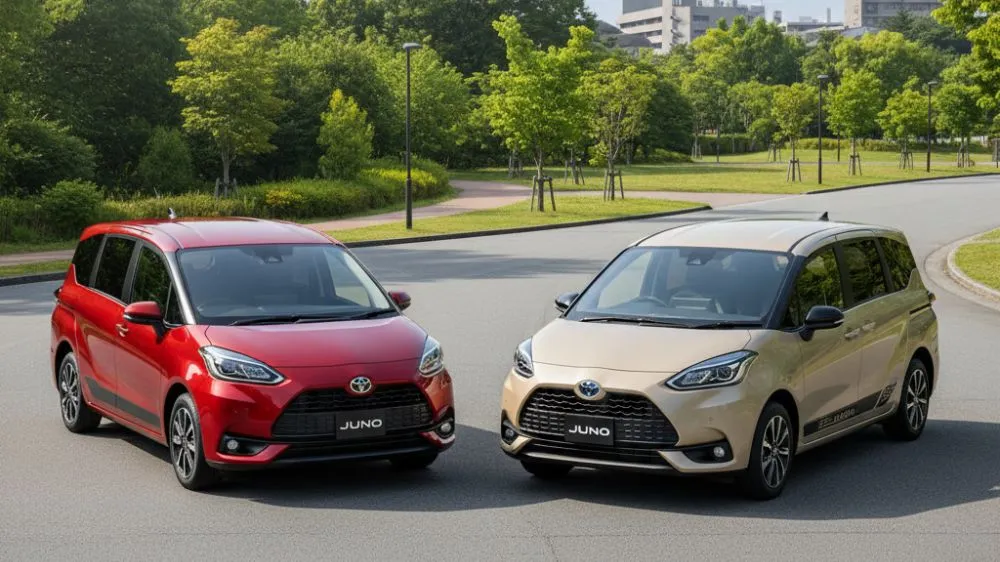 晴れた日の公園のような場所で、赤とベージュの2台のトヨタ シエンタ JUNOが並んで駐車されている。