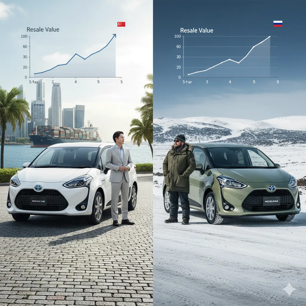 左右に分割された画像で、左側はシンガポールの港を背景にしたハイブリッドシエンタとビジネスマン、右側は雪景色の中のガソリンシエンタと男性。それぞれのリセール価値を示すグラフが上部に表示されている。