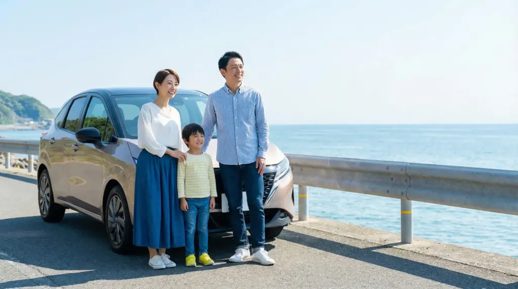 審査を通過し、新しい車で海沿いのドライブを楽しむ幸せそうな日本人家族のイメージ。