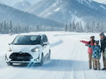 雪道を走る白いトヨタ・シエンタと、その隣で雪山の景色を指差して眺める日本人家族の様子。