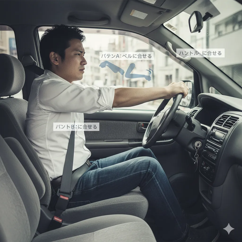 不適切な運転姿勢でシエンタを運転する日本人男性。ハンドルが遠すぎて腕が伸びきっているか、ペダルが近すぎて膝が窮屈になっている状態。