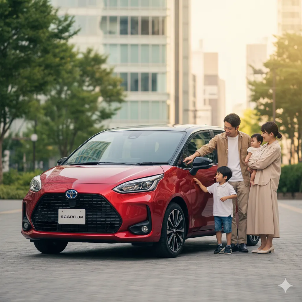 赤とブラックルーフのツートンカラーのシエンタの隣で、日本の家族が笑顔で車を指している。