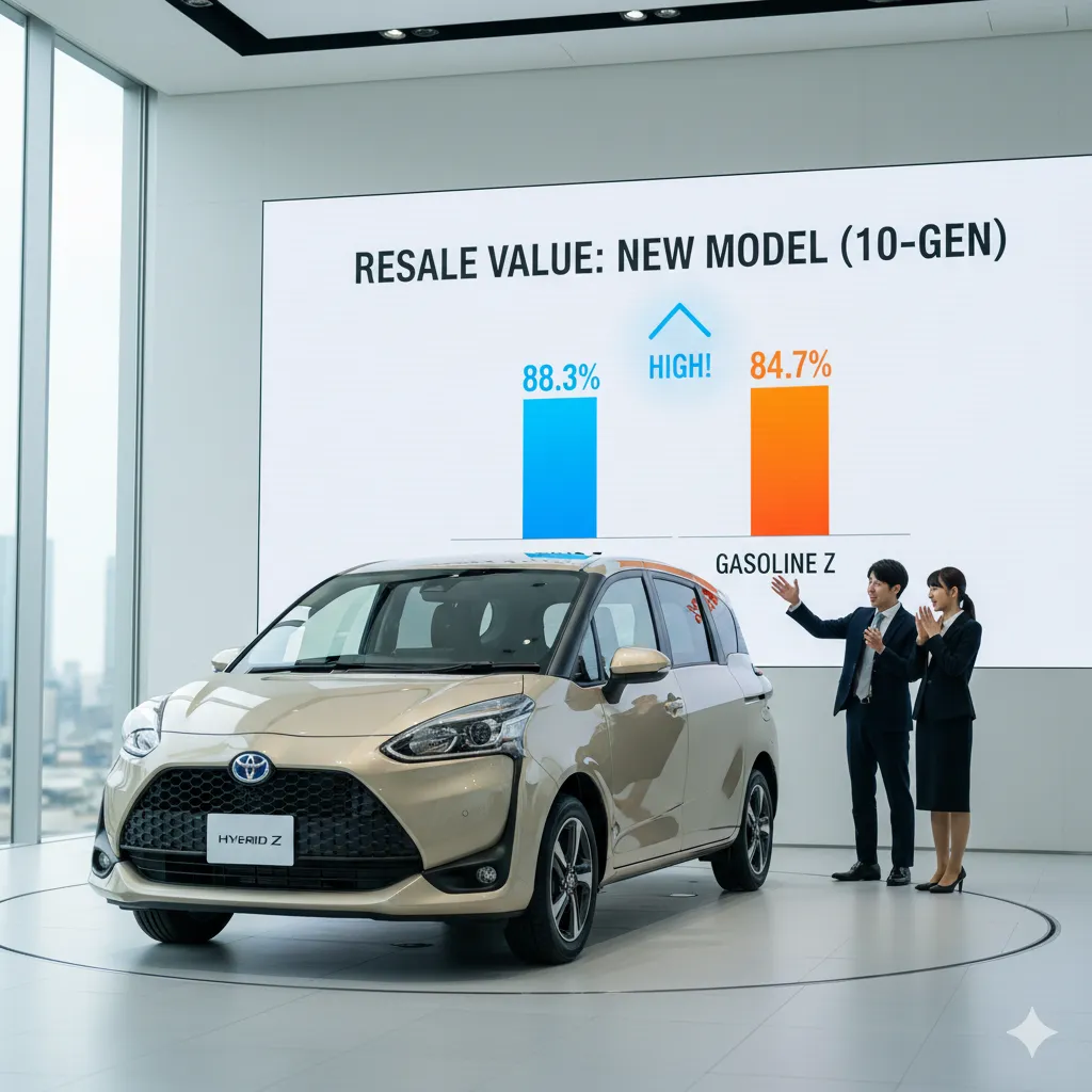 最新の自動車ショールームで、新型トヨタ・シエンタ（10系）のハイブリッドZが展示され、その後ろの大型ディスプレイには、現行モデルの残価率が非常に高いことを示す棒グラフが表示されている。