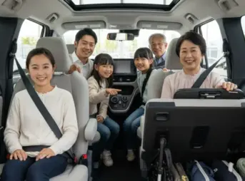 新型シエンタの車内に6人乗車し、3列目シートの片側を格納して荷物を積載している様子。家族3世代の日本人が笑顔で車内にいる。